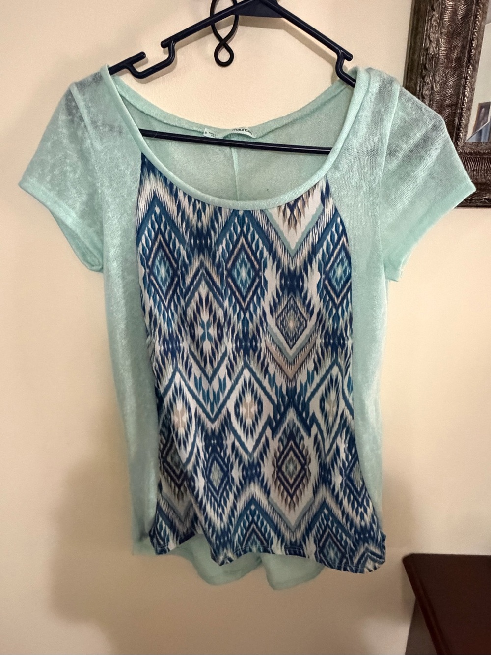 Maurices Mint Short Sleeve Top with Blue Aztec Front Panel - Picture 1 of 3